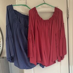 Women's Off-Shoulder Ruffle Tops - Red and Blue